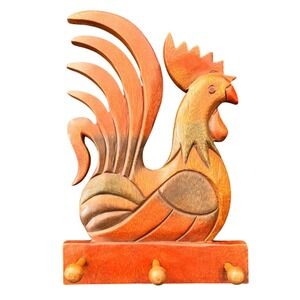 Vtg Hand Carved Wooden Rooster Wall Decor Coat Rack, Rustic Farmhouse Decor